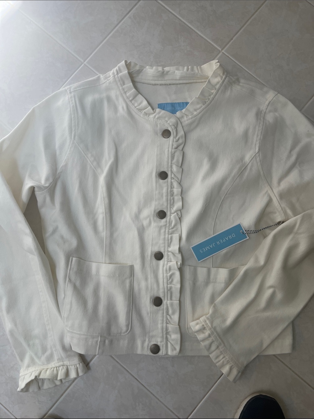 Ladies' Ivory Ruffle-Trim Button-Front Jean Jacket - Picture 1 of 9